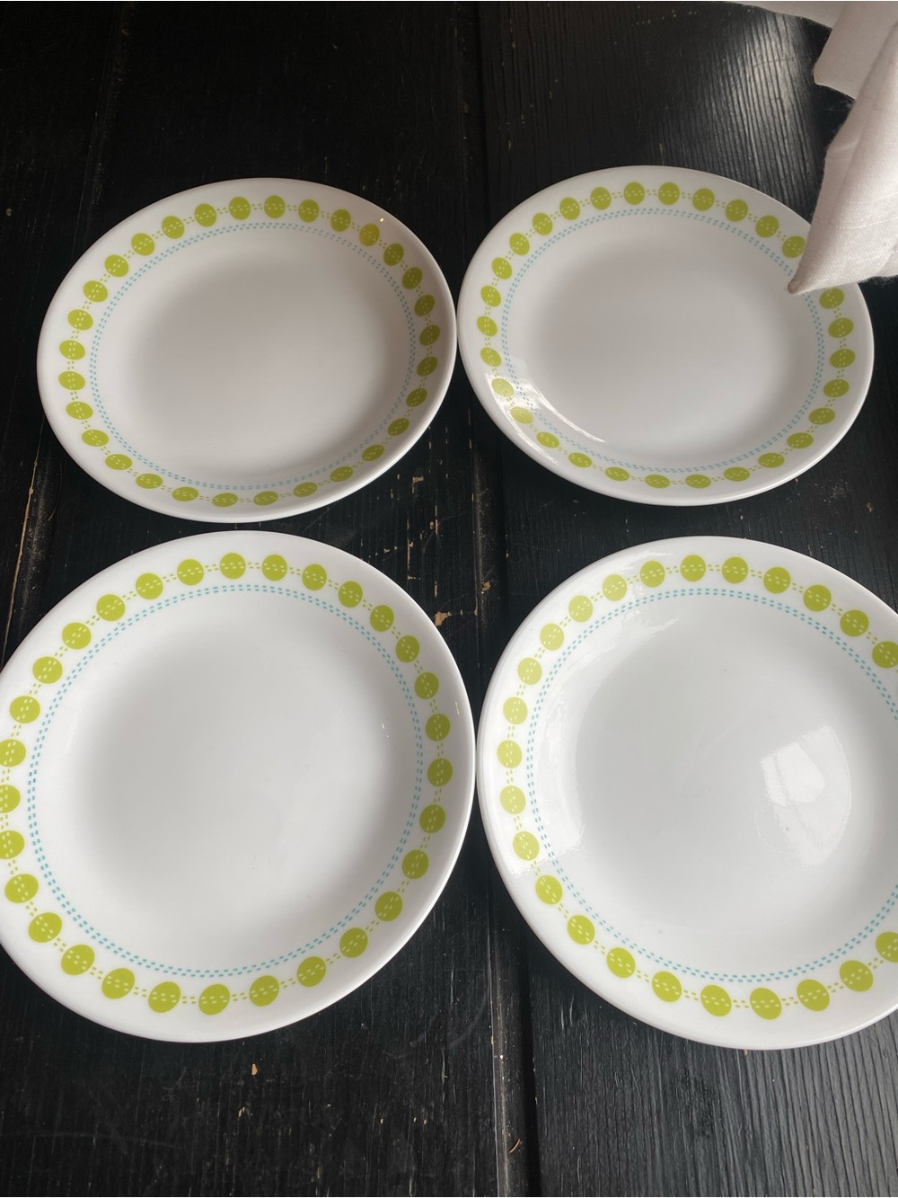 Corelle White Dinner Plates with Lime Green Dot & Light Blue Accent - Set of 4